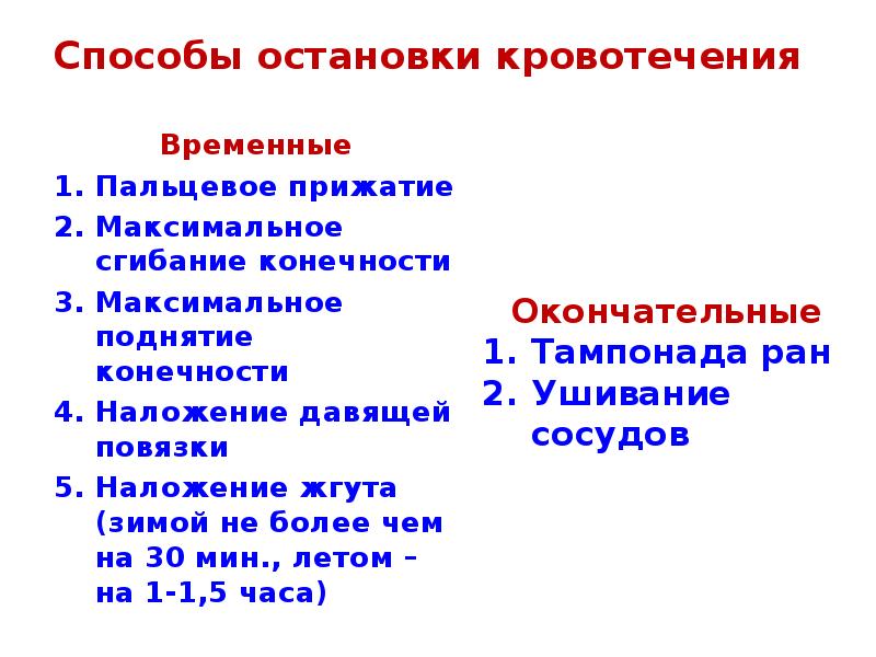 Способы остановки кровотечения Временные Пальцевое прижатие Максимальное сгибание конечности Максимальное поднятие