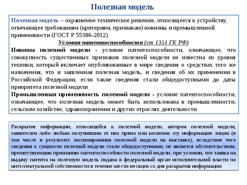 Условия патентоспособности полезной модели промышленного образца