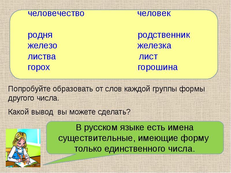 Имена существительные которые имеют форму только единственного числа 5 класс презентация