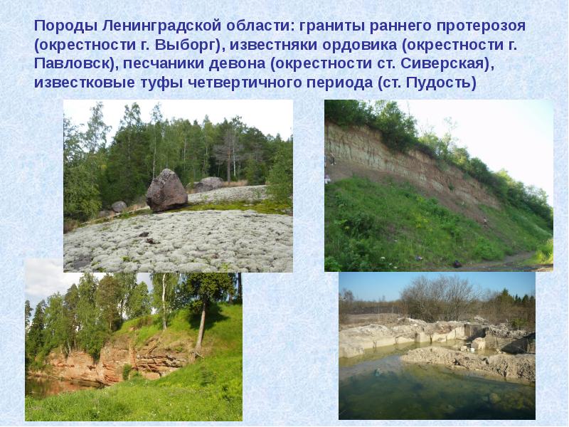 Породы Ленинградской области: граниты раннего протерозоя (окрестности г. Выборг), известняки ордовика
