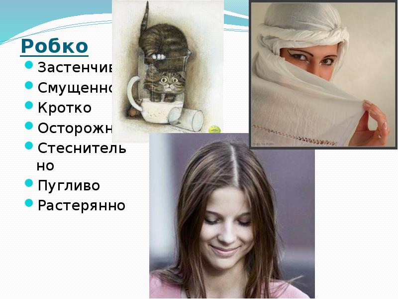Робко  Застенчиво Смущенно Кротко Осторожно Стеснительно Пугливо Растерянно