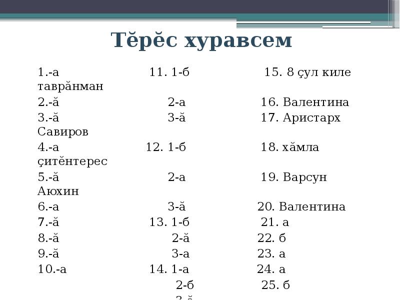 Тĕрĕс хуравсем
1.-а 11. 1-б 15. 8 çул киле таврăнман
2.-ă 2-а 16. Валентина
3.-ă 3-ă 17. Аристарх Савиров
4.-а 12. 1-б 18. хăмла çитĕнтерес
5.-ă 2-а 19. Варсун Аюхин
6.-а 3-ă 20. Валентина
7.-ă 13. 1-б 21. а
8.-ă 2-ă 22. б
9.-ă 3-а 23. а
10.-а 14. 1-а 24. а
2-б 25. б
3-ă