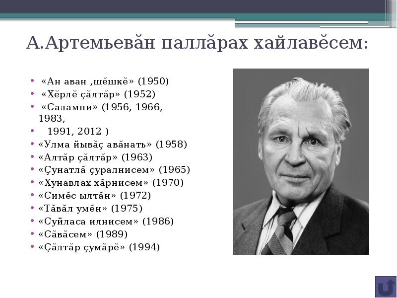 А.Артемьевăн паллăрах хайлавĕсем:
«Ан аван ,шĕшкĕ» (1950)
«Хĕрлĕ çăлтăр» (1952)
«Салампи» (1956, 1966, 1983,
1991, 2012 )
«Улма йывăç авăнать» (1958)
«Алтăр çăлтăр» (1963)
«Çунатлă çуралнисем» (1965)
«Хунавлах хăрнисем» (1970)
«Симĕс ылтăн» (1972)
«Тăвăл умĕн» (1975)
«Суйласа илнисем» (1986)
«Сăвăсем» (1989)
«Çăлтăр çумăрĕ» (1994)