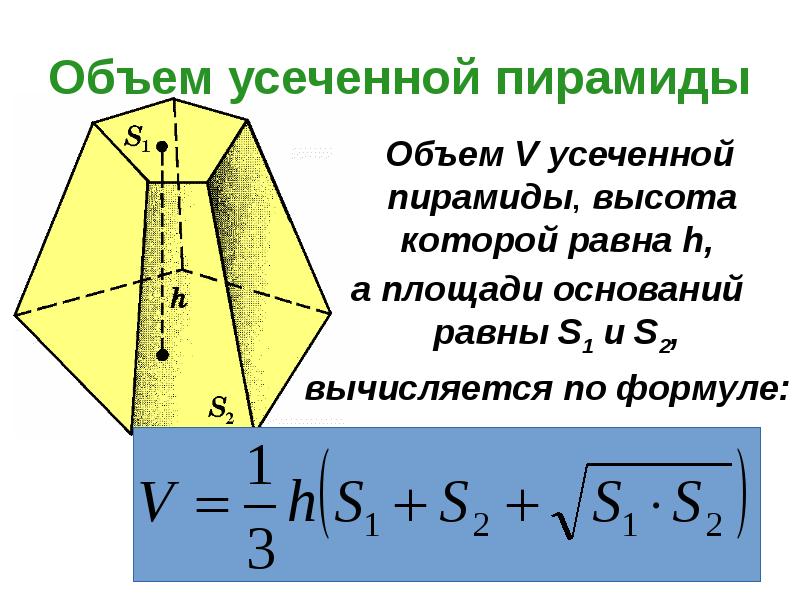 Объем пирамиды формула 40 15. Объем усеченной пирамиды формула.