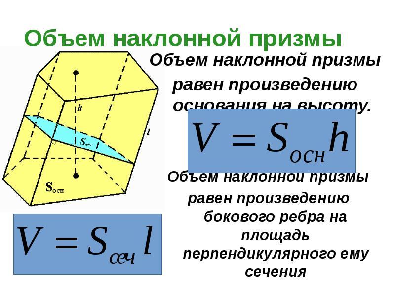 Призмы равна. Объем наклонной треугольной Призмы. Поперечное сечение наклонной Призмы это. Объем Призмы. Объем Призмы и пирамиды.