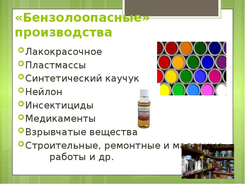 «Бензолоопасные» производства Лакокрасочное Пластмассы Синтетический каучук Нейлон Инсектициды Медикаменты Взрывчатые вещества