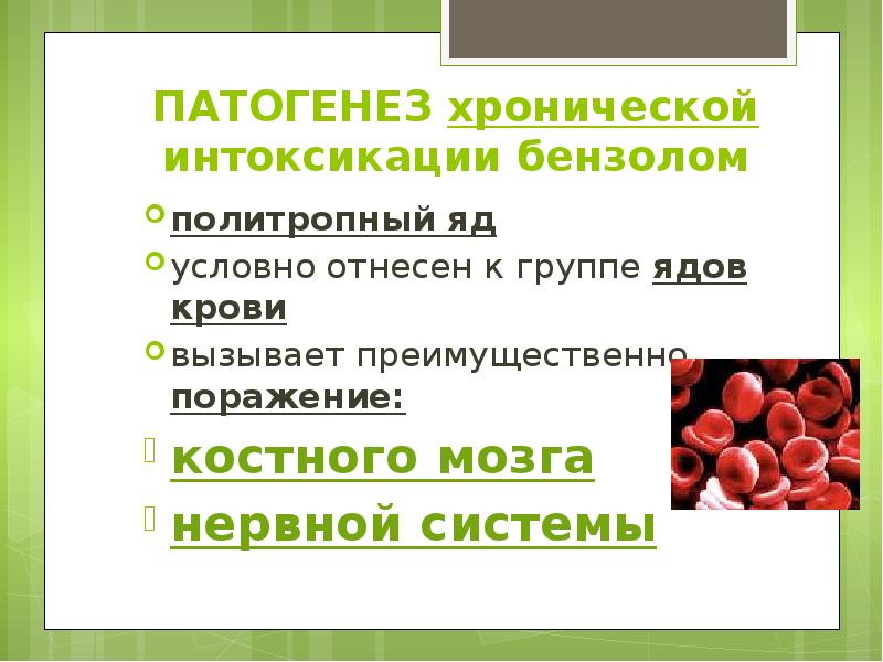 ПАТОГЕНЕЗ хронической интоксикации бензолом политропный яд условно отнесен к группе ядов