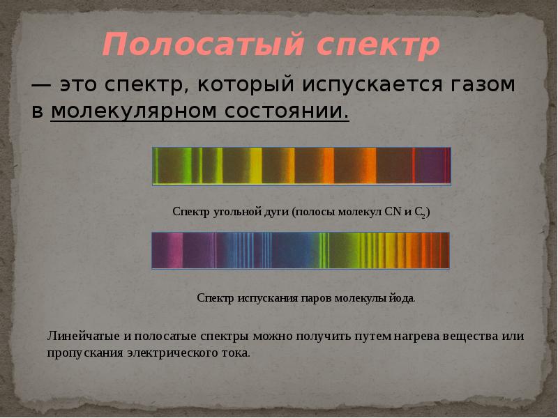 Полосатый спектр — это спектр, который испускается газом в молекулярном состоянии.