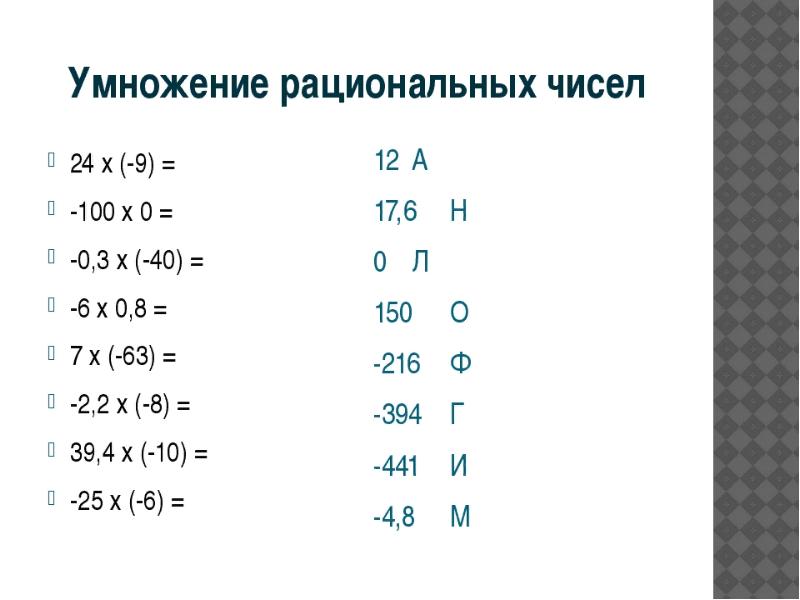 Умножение и деление положительных и отрицательных чисел 6 класс презентация