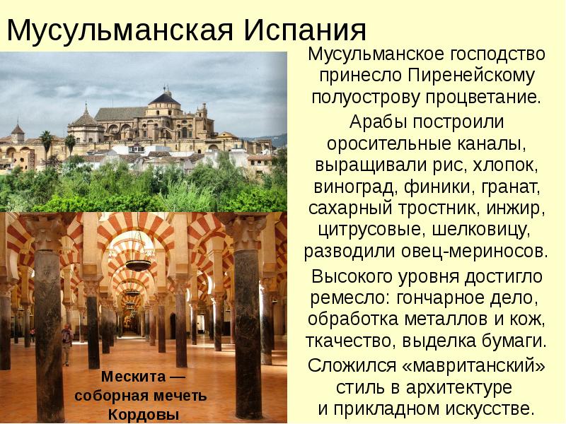 Мусульманская Испания
Мусульманское господство принесло Пиренейскому полуострову процветание.
Арабы построили оросительные Мусульманская Испания
Мусульманское господство принесло Пиренейскому полуострову процветание.
Арабы построили оросительные