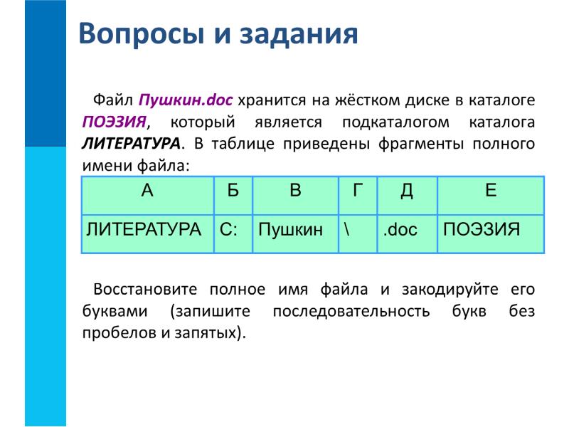 Полный фрагмент. Файл Пушкин doc хранится на жестком диске. Файл Пушкин. Восстановите полное имя файла и закодируйте его буквами. Файл Парус.doc хранится на жестком диске в каталоге Лермонтов.