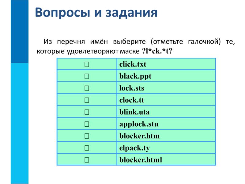 Определите имя файла удовлетворяющее маске. Имена файлов удовлетворяющих маске *e??e.d?*. Имена которые удовлетворяют маске ?! *CK. *T. Выберите отметьте галочкой. Выберите (отметьте галочкой) Форматы графических файлов..