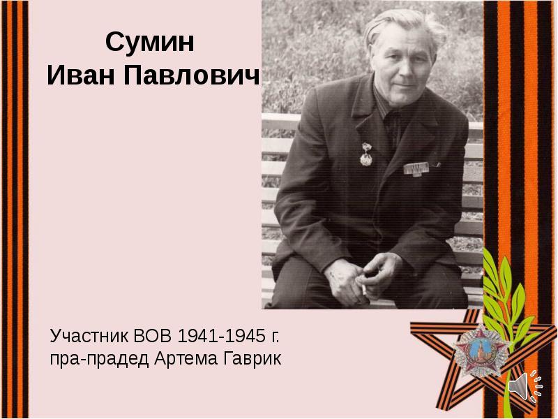 Сумин Иван Павлович
Участник ВОВ 1941-1945 г. пра-прадед Артема Гаврик Сумин Иван Павлович
Участник ВОВ 1941-1945 г. пра-прадед Артема Гаврик