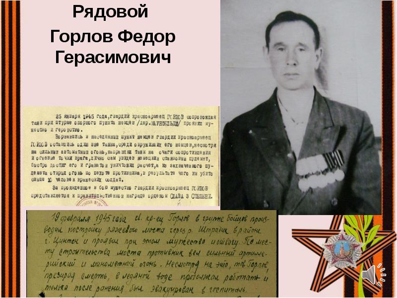 Рядовой
Рядовой
Горлов Федор Герасимович Рядовой
Рядовой
Горлов Федор Герасимович