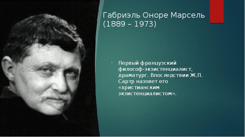 Габриэль Оноре Марсель (1889 – 1973) Первый французский философ-экзистенциалист, драматург. Впоследствии