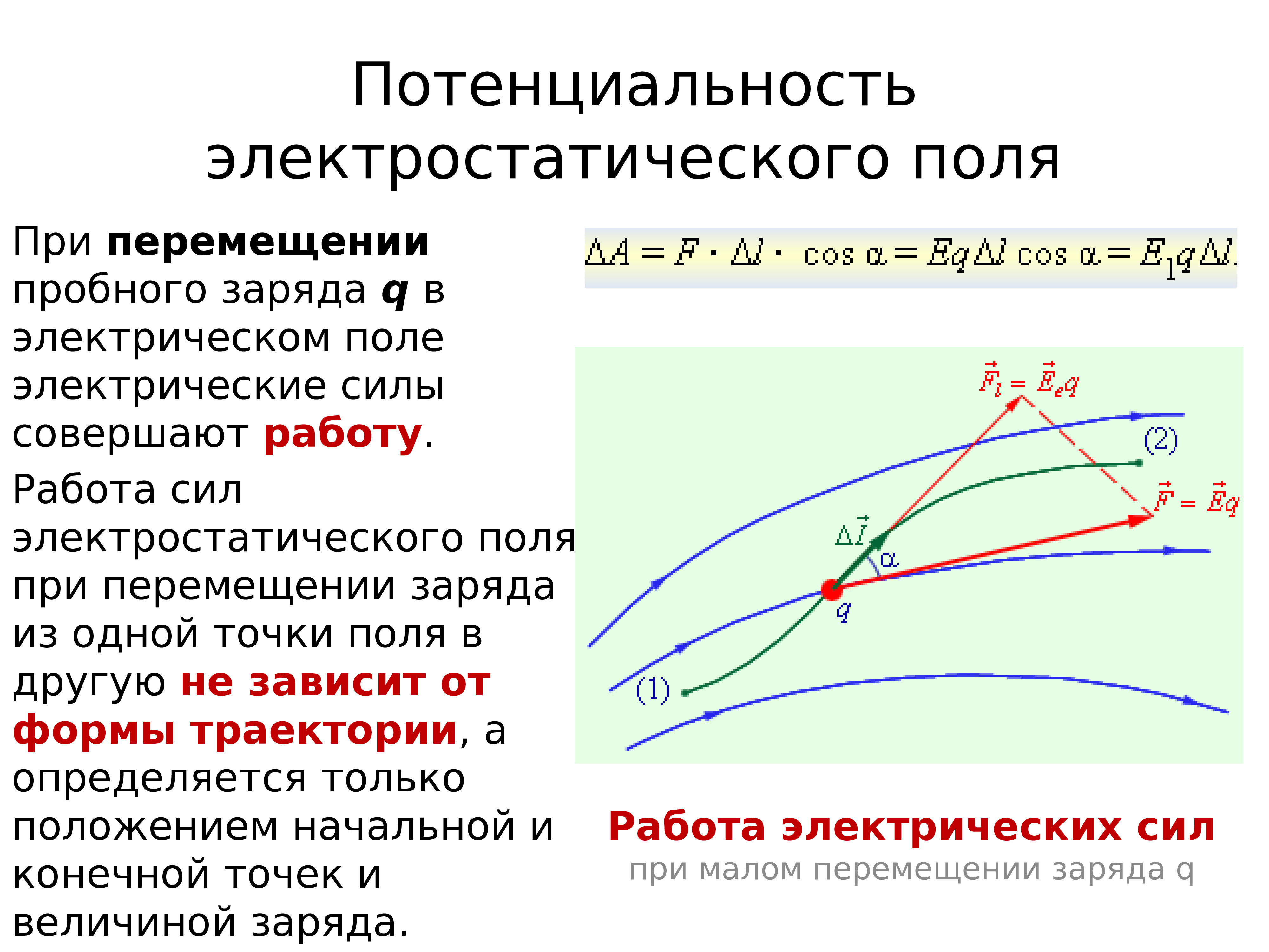 Условие потенциальности поля. Электростатическое поле. Работа сил электростатического поля. Сила электростатического поля. Работа сил поля при перемещении заряда.