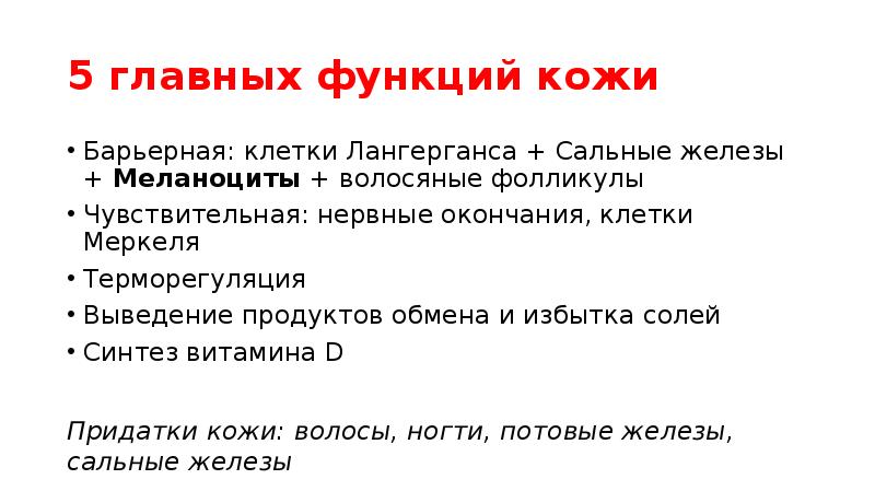 5 главных функций кожи
Барьерная: клетки Лангерганса + Сальные железы + 5 главных функций кожи
Барьерная: клетки Лангерганса + Сальные железы +