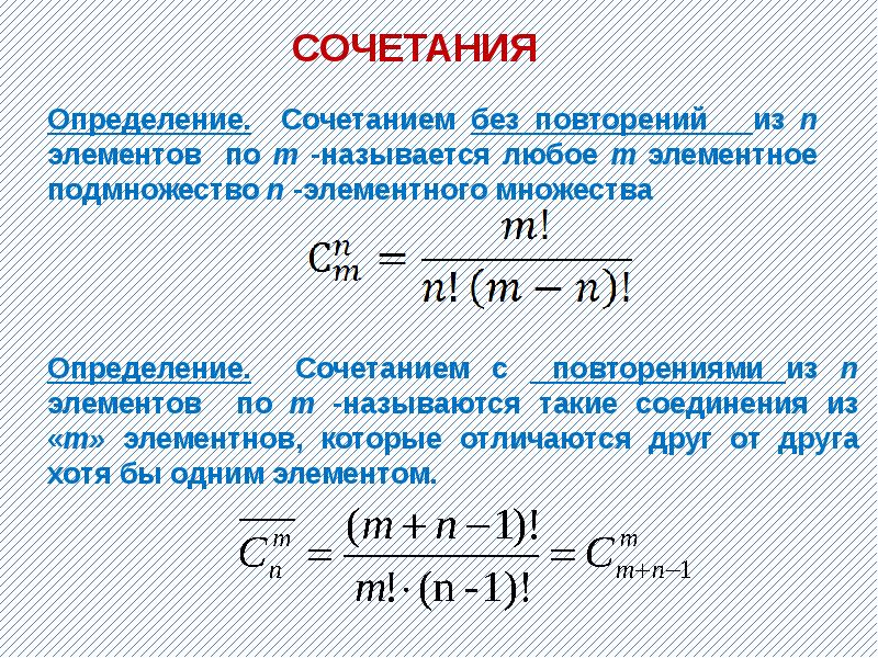 Количество сочетаний. Комбинаторика и теория вероятности. Комбинаторика сочетания без повторений. Элементы комбинаторики и теории вероятностей. Число размещений из n элементов по m с повторениями.