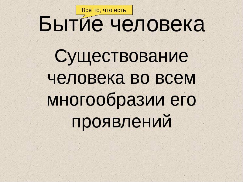 Бытие человека
Существование человека во всем многообразии его проявлений Бытие человека
Существование человека во всем многообразии его проявлений