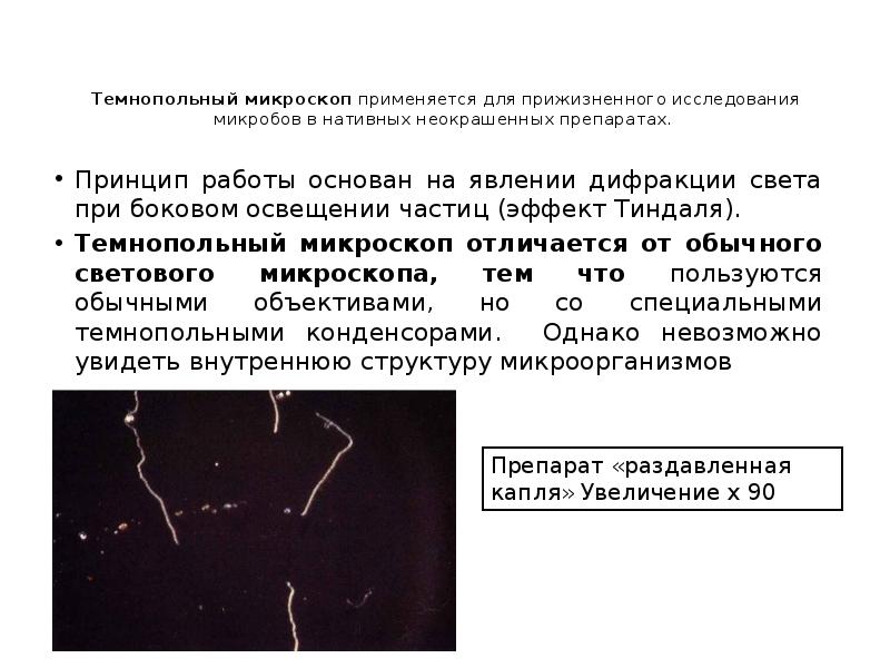 Темнопольный микроскоп применяется для прижизненного исследования микробов в нативных неокрашенных препаратах.