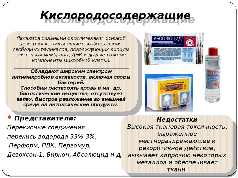 Кислородосодержащие
Представители:
Перекисные соединения: Кислородосодержащие
Представители:
Перекисные соединения: