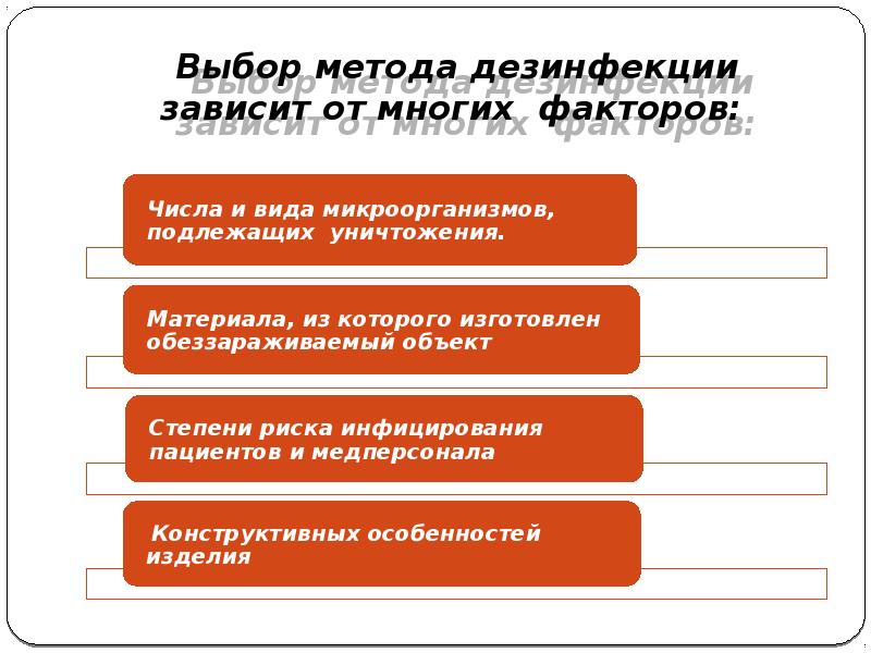 Выбор метода дезинфекции зависит от многих факторов: Выбор метода дезинфекции зависит от многих факторов: