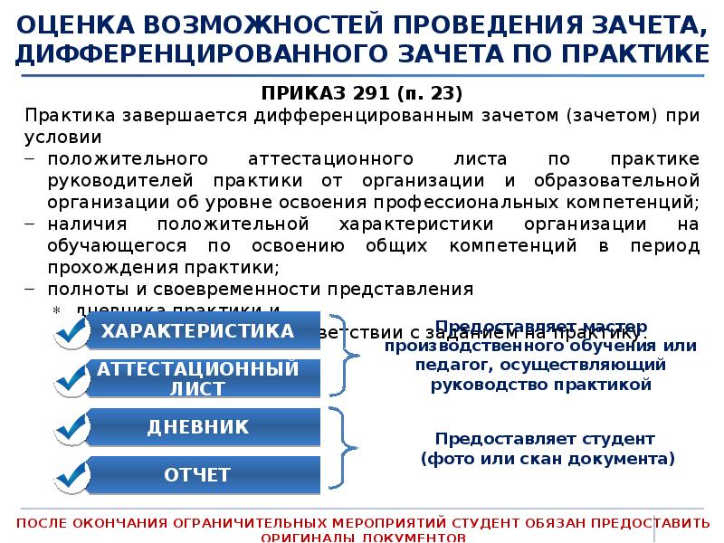ОЦЕНКА ВОЗМОЖНОСТЕЙ ПРОВЕДЕНИЯ ЗАЧЕТА, ДИФФЕРЕНЦИРОВАННОГО ЗАЧЕТА ПО ПРАКТИКЕ