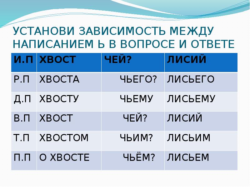 Схема склонение притяжательных прилагательных