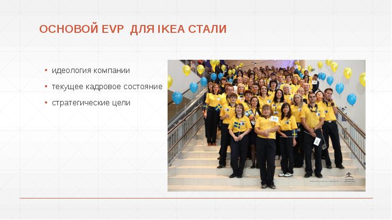 ОСНОВОЙ EVP ДЛЯ IKEA СТАЛИ
идеология компании
текущее кадровое состояние
стратегические ОСНОВОЙ EVP ДЛЯ IKEA СТАЛИ
идеология компании
текущее кадровое состояние
стратегические
