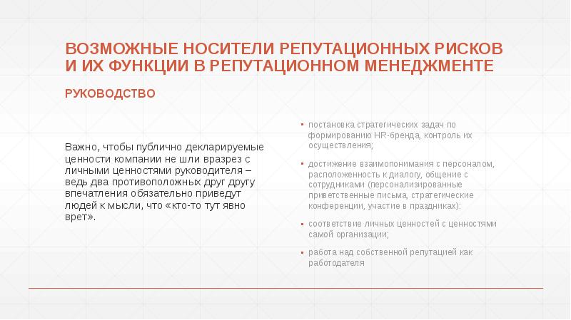 ВОЗМОЖНЫЕ НОСИТЕЛИ РЕПУТАЦИОННЫХ РИСКОВ И ИХ ФУНКЦИИ В РЕПУТАЦИОННОМ МЕНЕДЖМЕНТЕ
РУКОВОДСТВО ВОЗМОЖНЫЕ НОСИТЕЛИ РЕПУТАЦИОННЫХ РИСКОВ И ИХ ФУНКЦИИ В РЕПУТАЦИОННОМ МЕНЕДЖМЕНТЕ
РУКОВОДСТВО