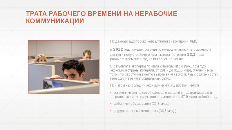 ТРАТА РАБОЧЕГО ВРЕМЕНИ НА НЕРАБОЧИЕ КОММУНИКАЦИИ
По данным аудиторско-консалтинговой компании ФБК, ТРАТА РАБОЧЕГО ВРЕМЕНИ НА НЕРАБОЧИЕ КОММУНИКАЦИИ
По данным аудиторско-консалтинговой компании ФБК,