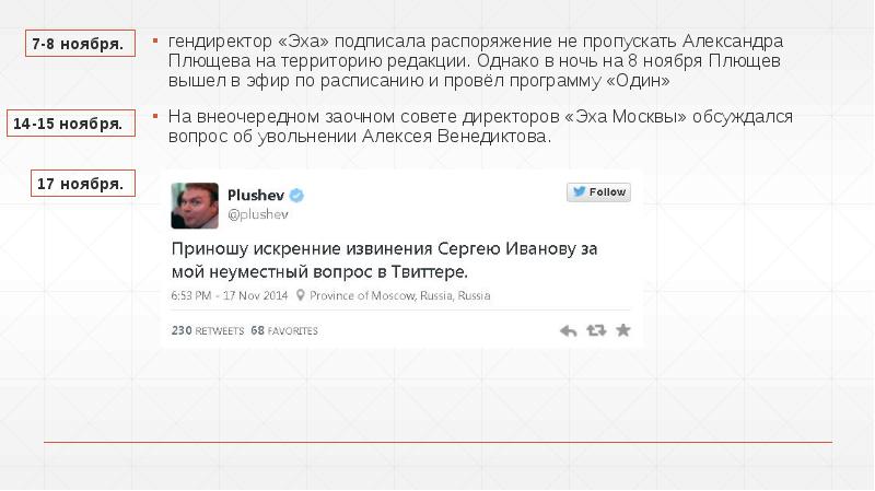 гендиректор «Эха» подписала распоряжение не пропускать Александра Плющева на территорию редакции. гендиректор «Эха» подписала распоряжение не пропускать Александра Плющева на территорию редакции.