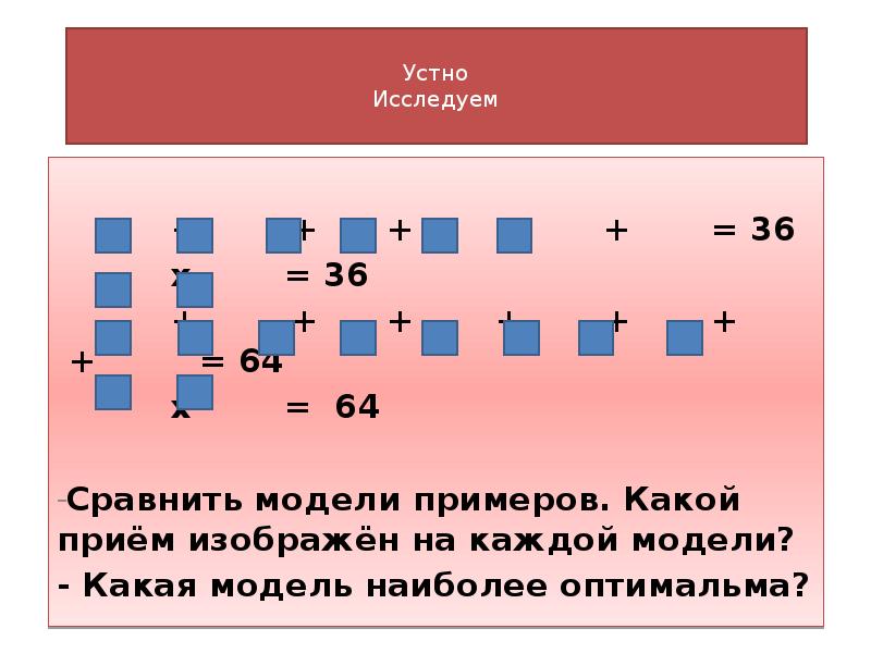 Какой пример. Пример модели на уроке математики. Модели сравнения в математике. Трудные случаи умножения 2 класс. Математика сравнение с мод.