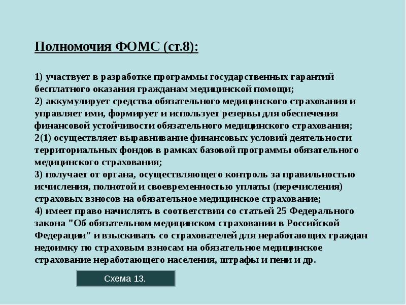 Полномочия ФОМС (ст.8):  1) участвует в разработке программы государственных гарантий