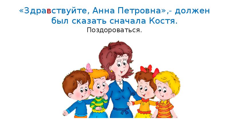 «Здравствуйте, Анна Петровна»,- должен был сказать сначала Костя. Поздороваться.