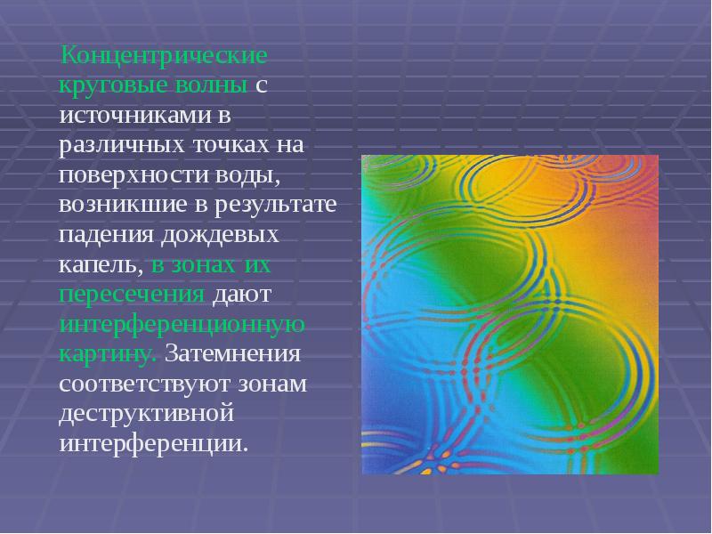 Концентрические круговые волны с источниками в различных точках на поверхности воды,