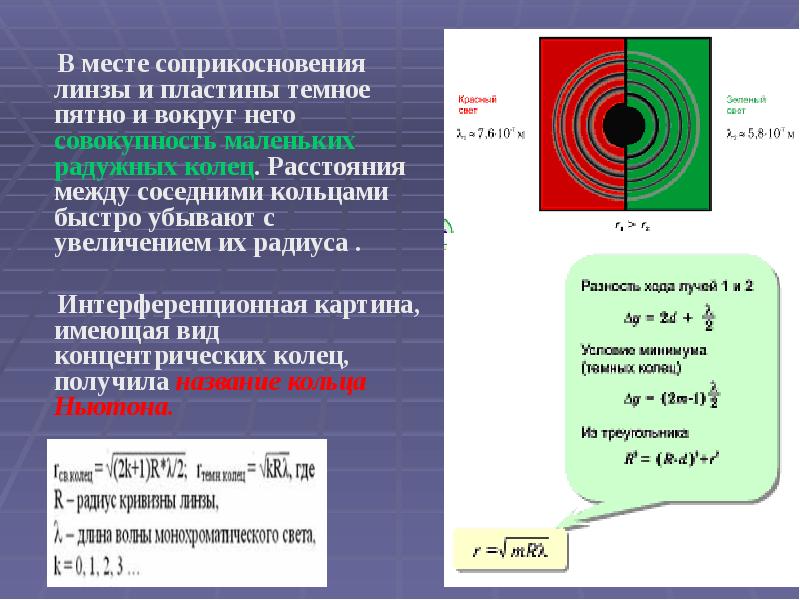 В месте соприкосновения линзы и пластины темное пятно и вокруг него