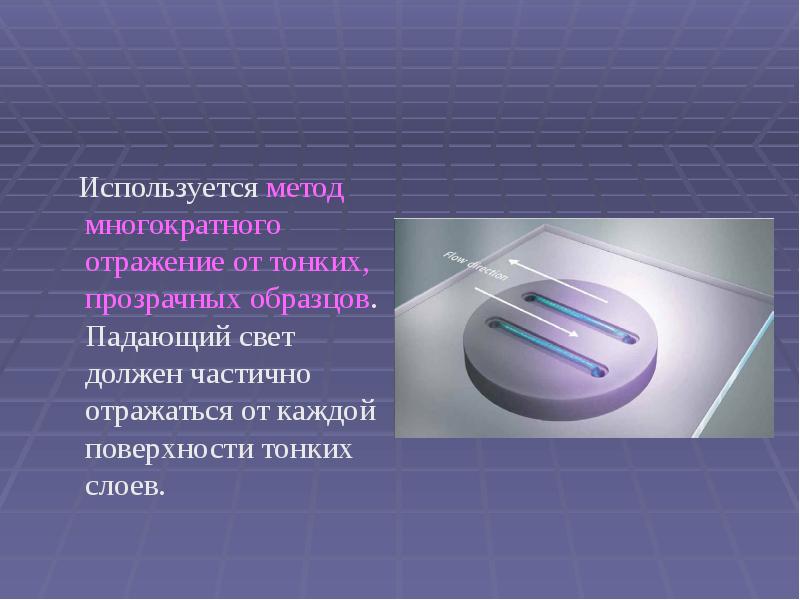 Используется метод многократного отражение от тонких, прозрачных образцов. Падающий свет должен