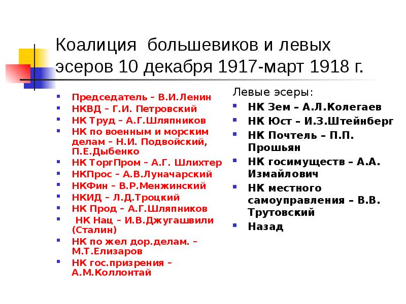 Декабрь 1917. Коалиция Большевиков и левых эсеров. Разрыв Союза Большевиков и левых эсеров. Партийная коалиция это. Программа Большевиков.