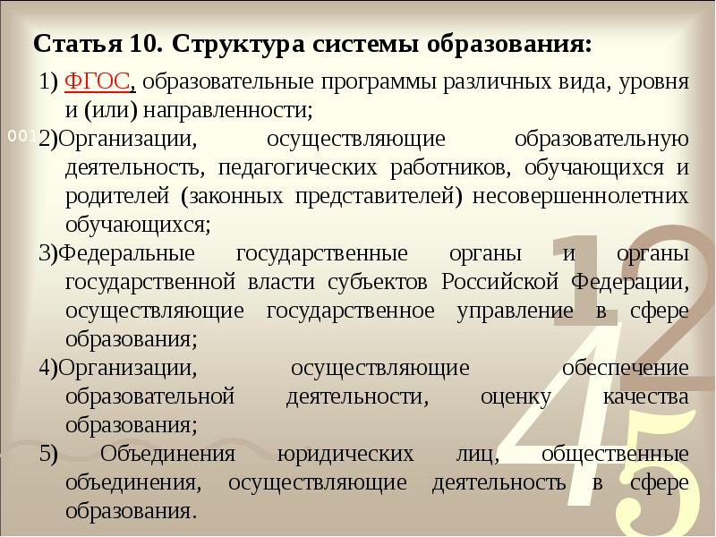 Статья 10. Структура системы образования:
1) ФГОС, образовательные программы различных Статья 10. Структура системы образования:
1) ФГОС, образовательные программы различных