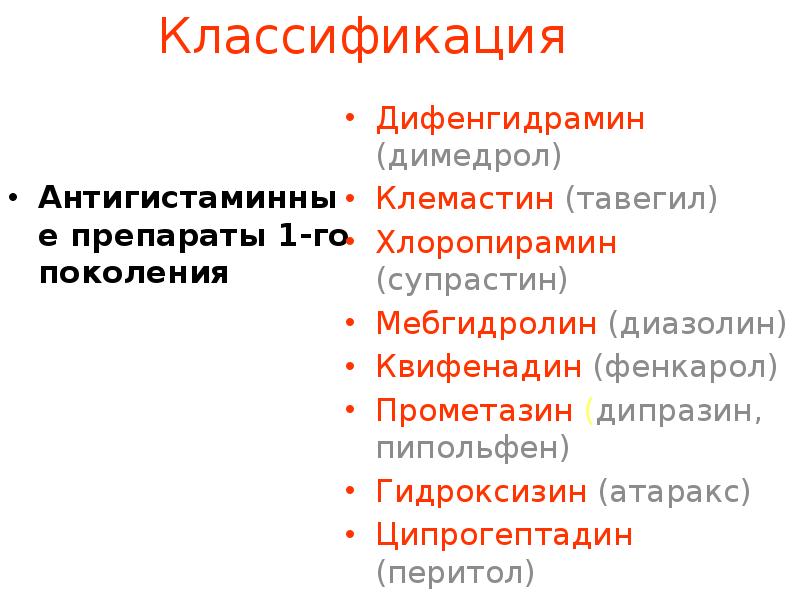 Классификация Антигистаминные препараты 1-го поколения