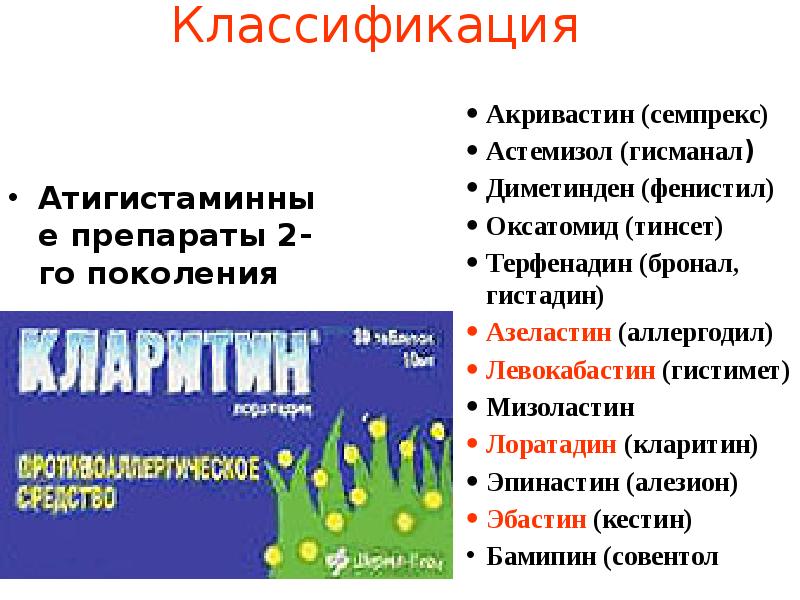 Классификация Атигистаминные препараты 2-го поколения