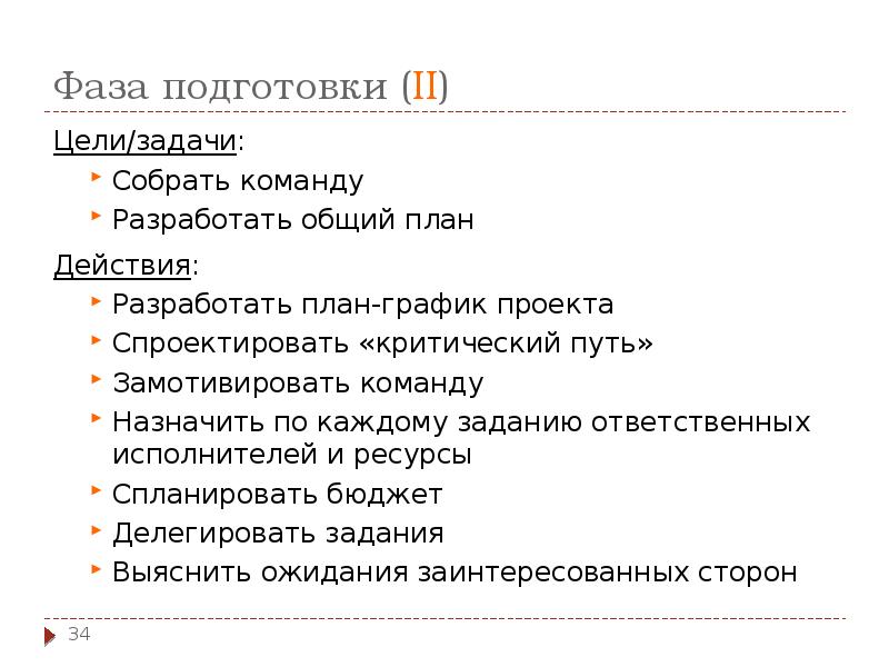 Фаза подготовки (II)
Цели/задачи:
Собрать команду
Разработать общий план
Действия:
Разработать Фаза подготовки (II)
Цели/задачи:
Собрать команду
Разработать общий план
Действия:
Разработать