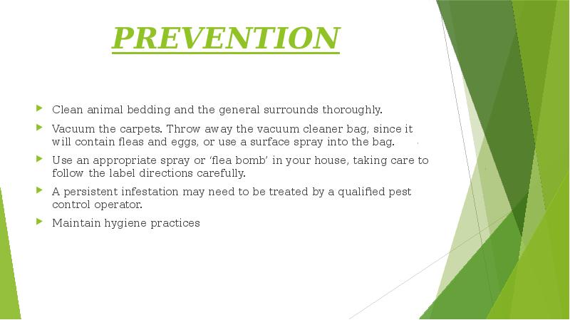 PREVENTION
Clean animal bedding and the general surrounds thoroughly.
Vacuum the PREVENTION
Clean animal bedding and the general surrounds thoroughly.
Vacuum the
