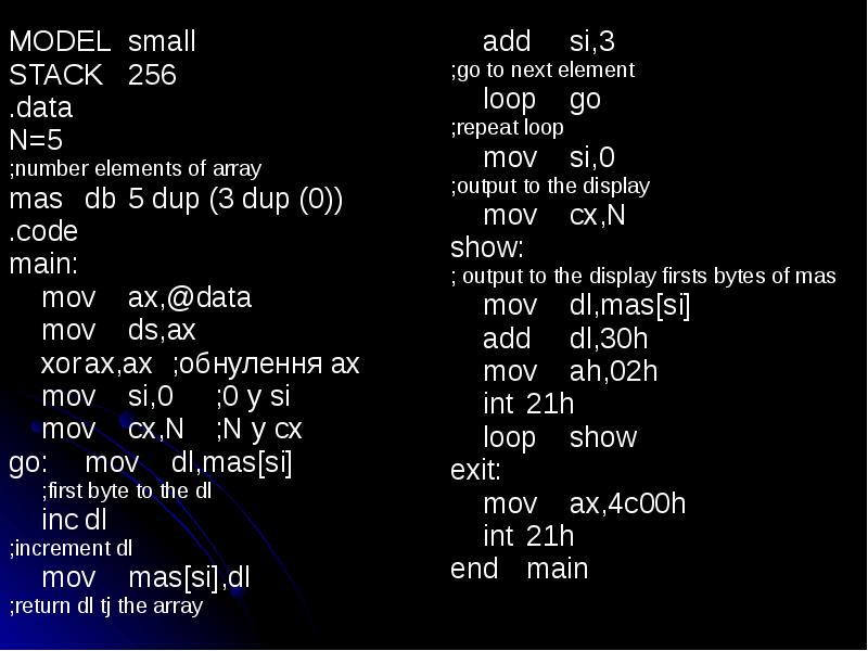 MODEL small
MODEL small
STACK 256
.data
N=5
;number elements of array
mas db 5 dup MODEL small
MODEL small
STACK 256
.data
N=5
;number elements of array
mas db 5 dup