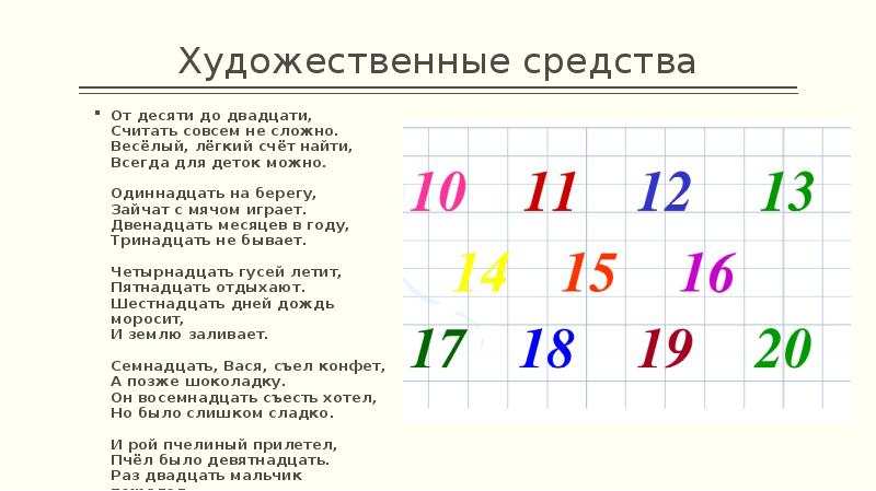 Художественные средства
От десяти до двадцати, Считать совсем не сложно. Весёлый, Художественные средства
От десяти до двадцати, Считать совсем не сложно. Весёлый,