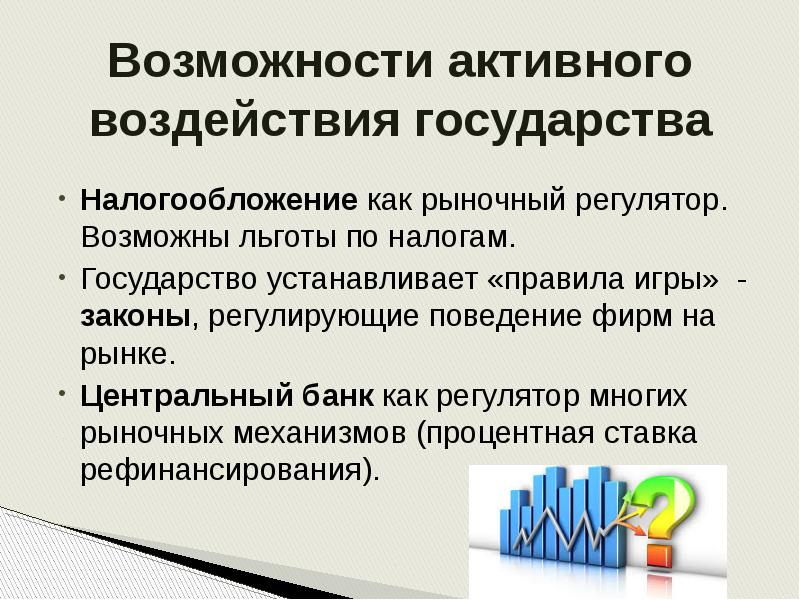 Воздействия государства на рыночный механизм. Законы регулирования рынка. Регуляторы рынка. Регуляторы рынка в рыночной экономике.