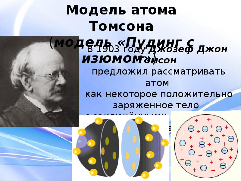 Презентация физика 9 класс радиоактивность модели атомов. Модель атома Томсона. Модель атома, предложенная Томсоном.. Радиоактивность модели атомов.
