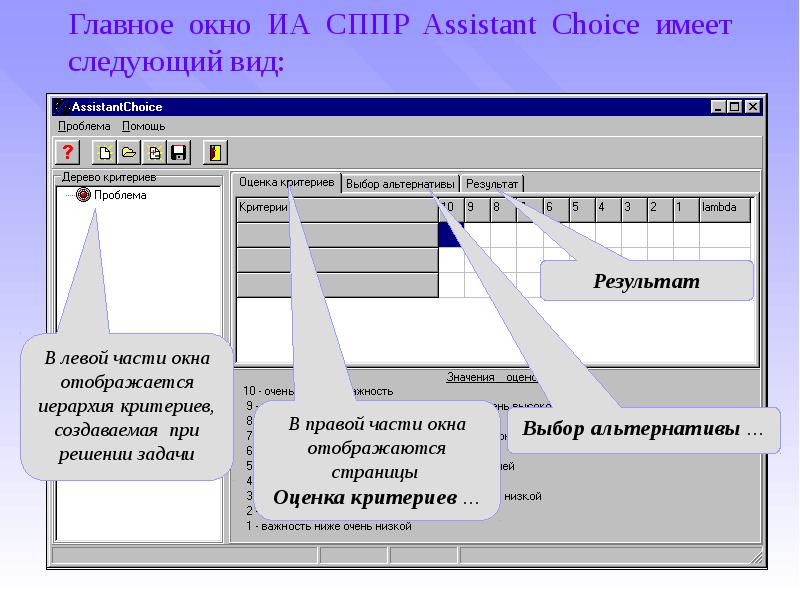 Главное окно ИА СППР Assistant Choice имеет следующий вид: