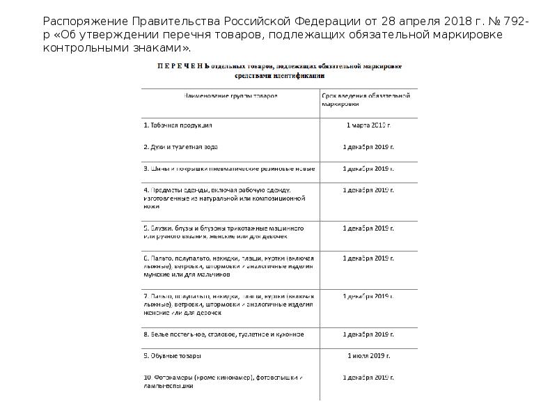 Распоряжение 2018 р. Распоряжение правительства РФ 792-Р. Распоряжение о маркировке товаров. Список товаров не подлежащих маркировке. Приказ о маркировке продукции.